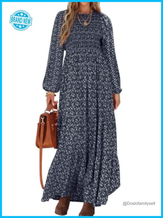 Dresses & Skirts - Long Sleeve Flowy Casual Floral Maxi Dress Smocked Tiered Swing Dress